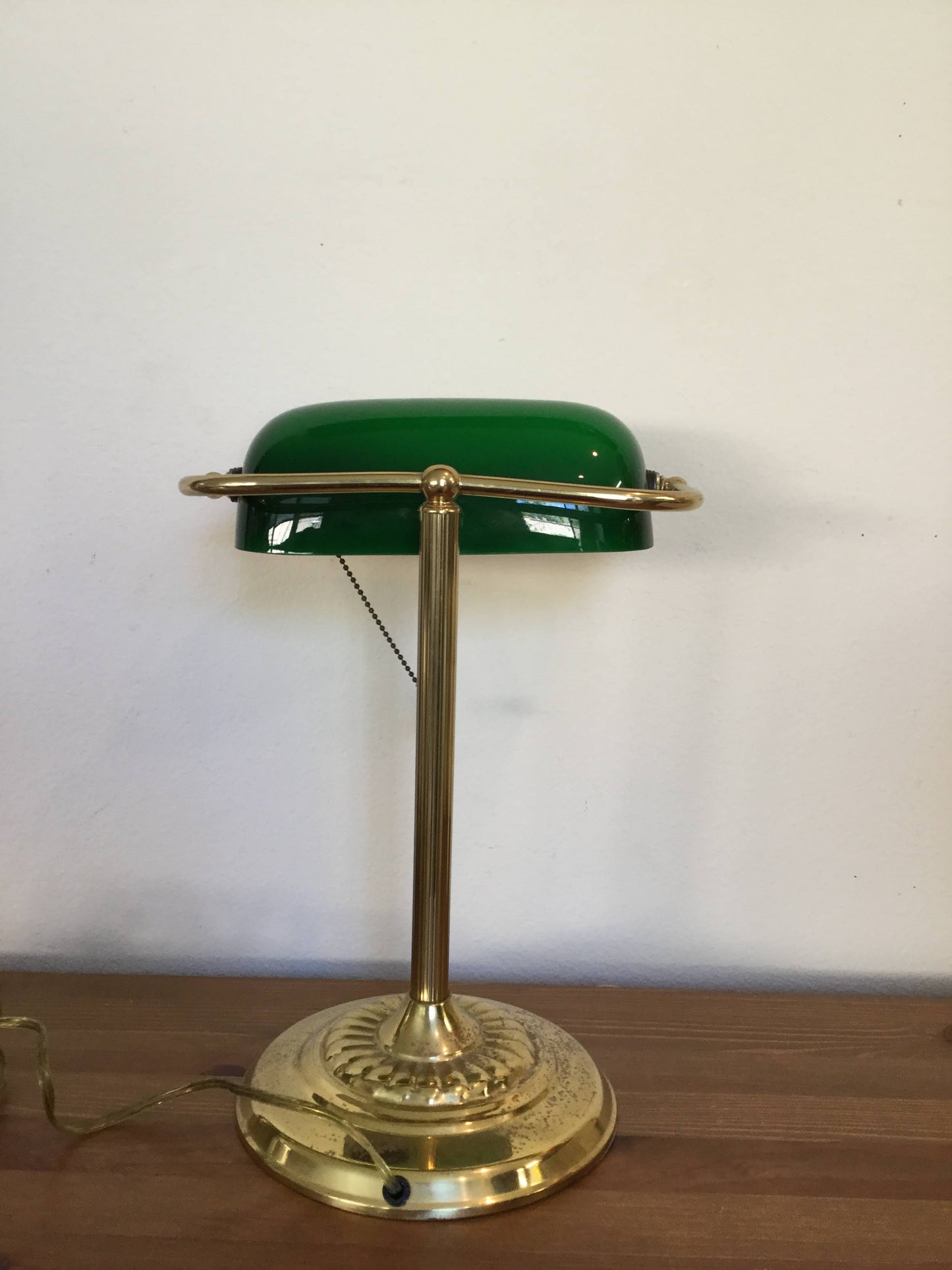 bankers lamp, vintage green glass brass stand