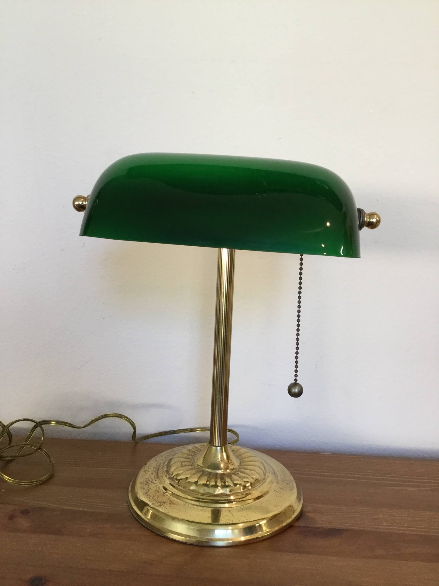 bankers lamp, vintage green glass brass stand