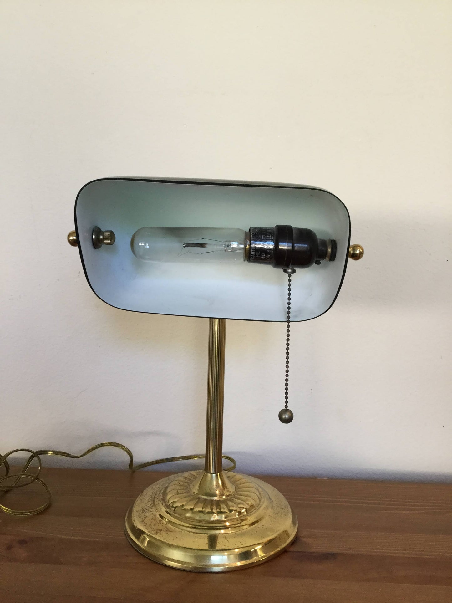 bankers lamp, vintage green glass brass stand