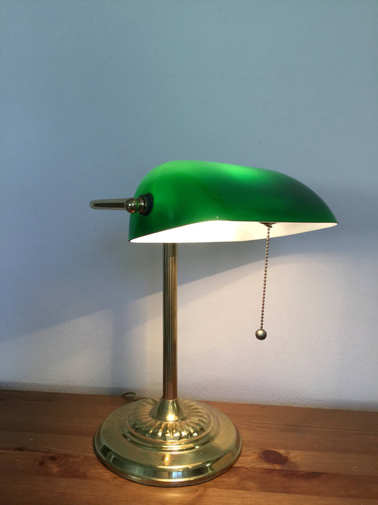 bankers lamp, vintage green glass brass stand