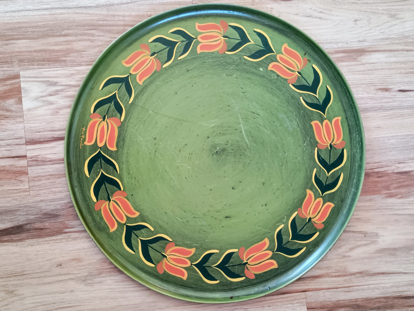 XL folk art tin tray, wall hanging