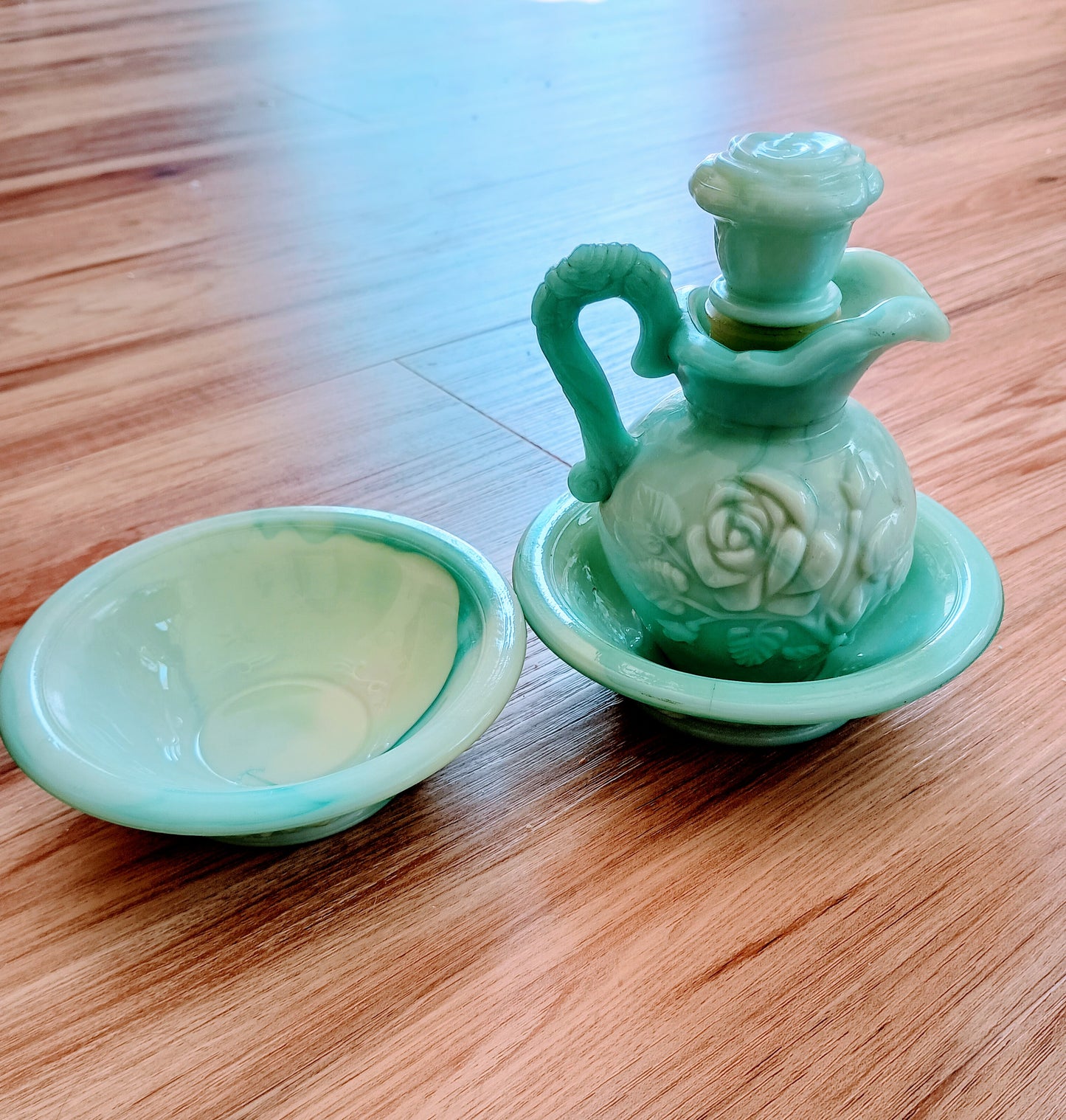 Vintage roses blue bottle and bowls set, Avon