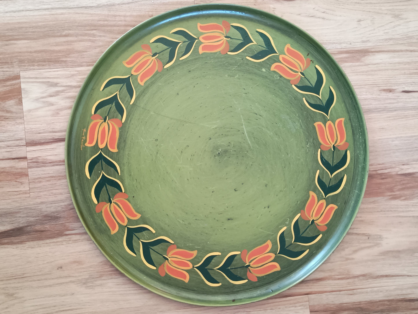 XL folk art tin tray, wall hanging