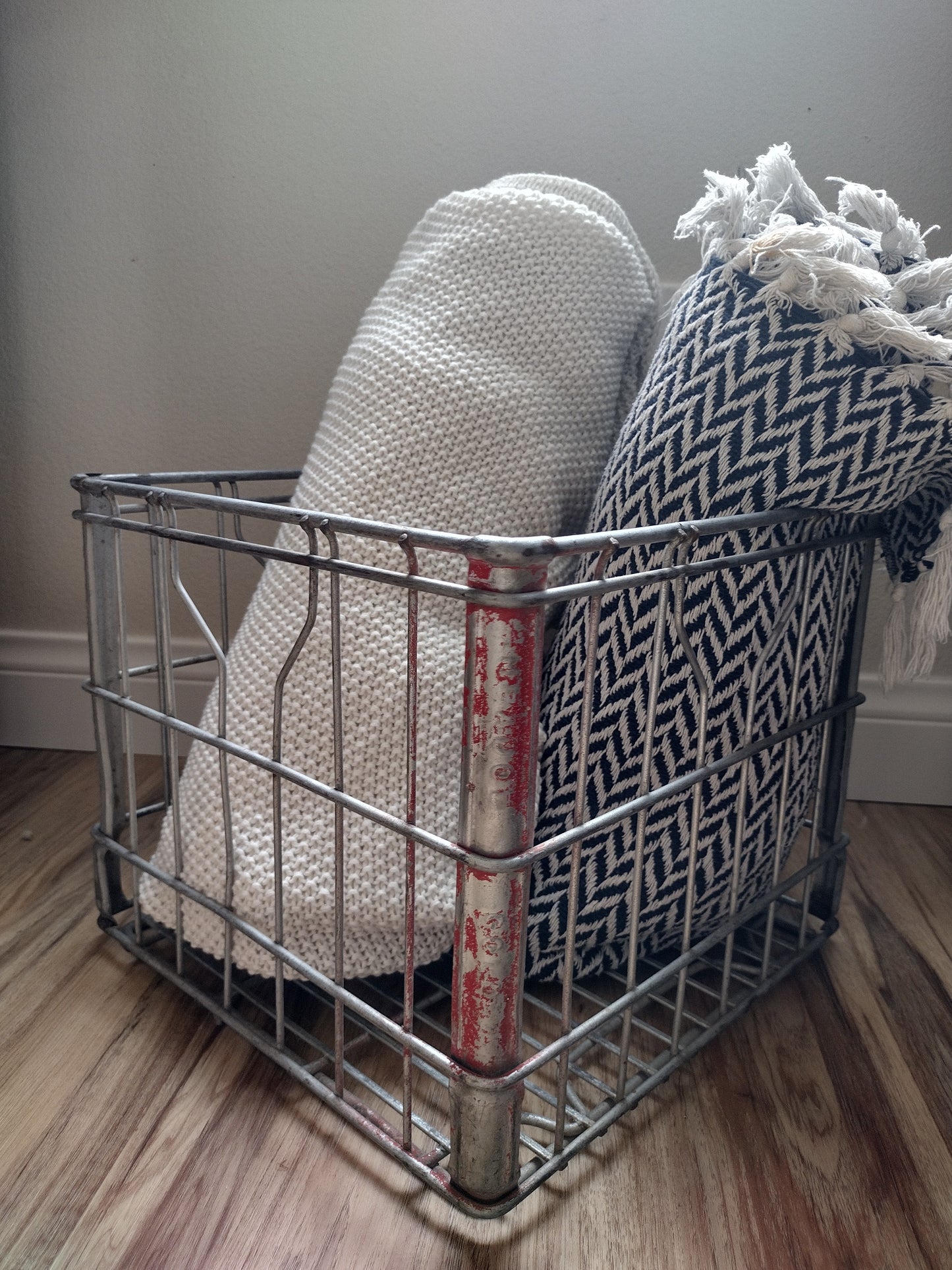Vintage metal milk crate basket