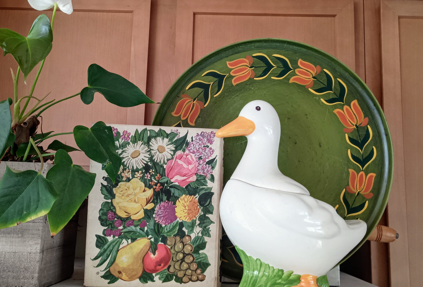 XL folk art tin tray, wall hanging