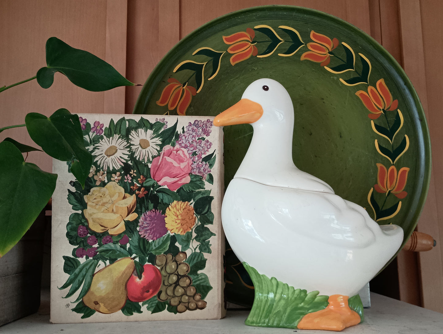 XL folk art tin tray, wall hanging