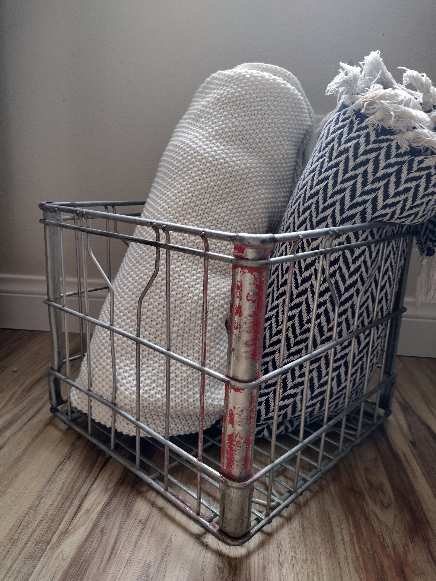 Vintage metal milk crate basket