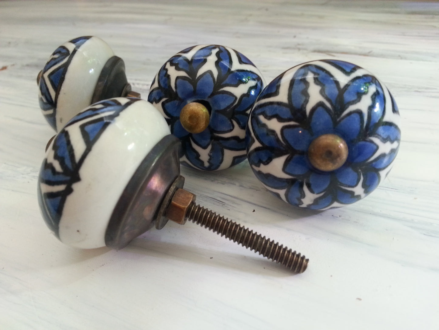 Drawer pulls, blue and white ceramic knobs