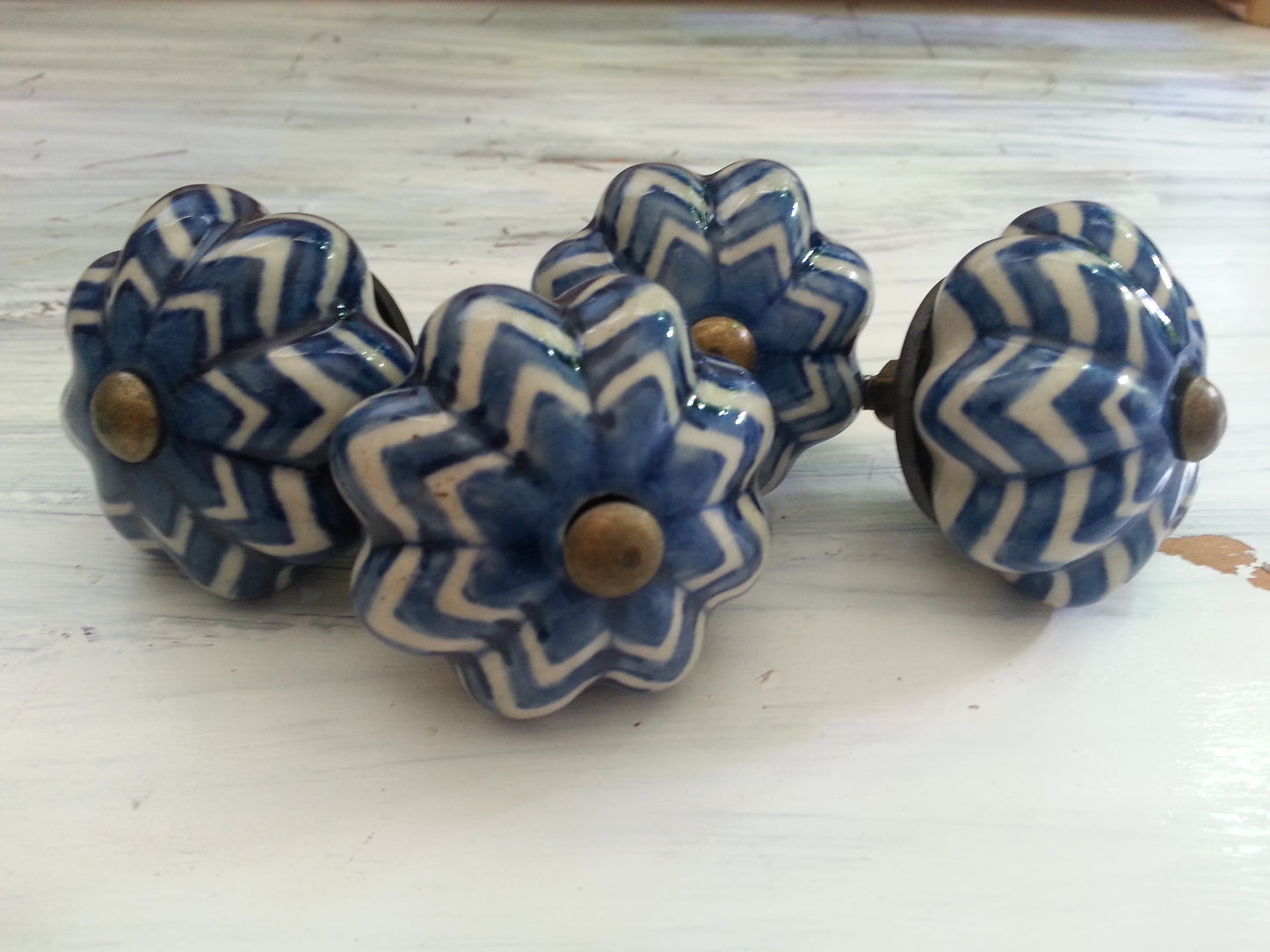 Drawer pulls, blue and white ceramic knobs