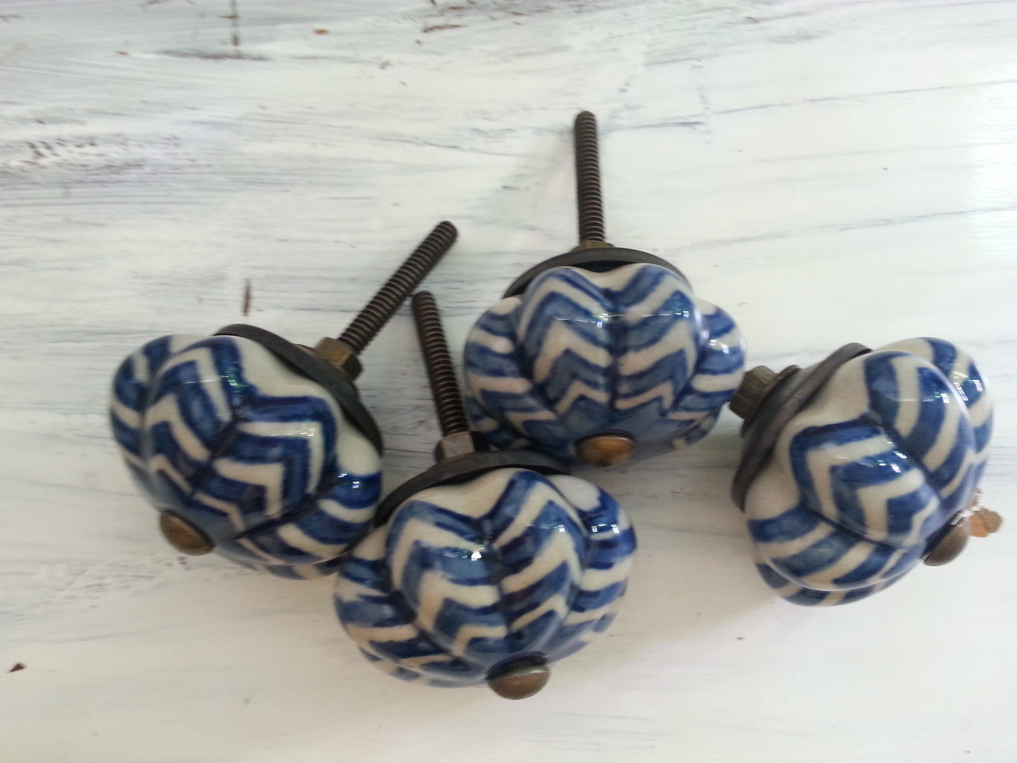 Drawer pulls, blue and white ceramic knobs