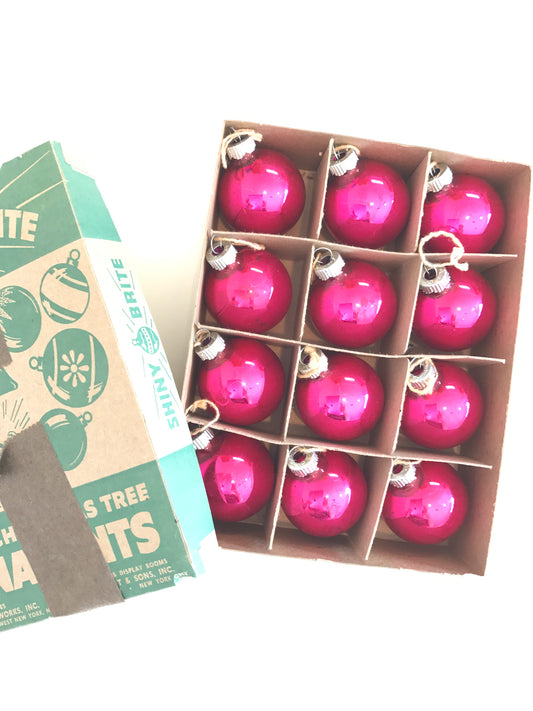 Shiny Brite Christmas ornaments in hot pink