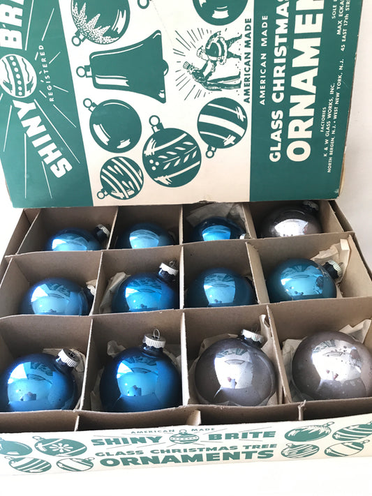 Shiny Brite Christmas ornaments in blue and silver