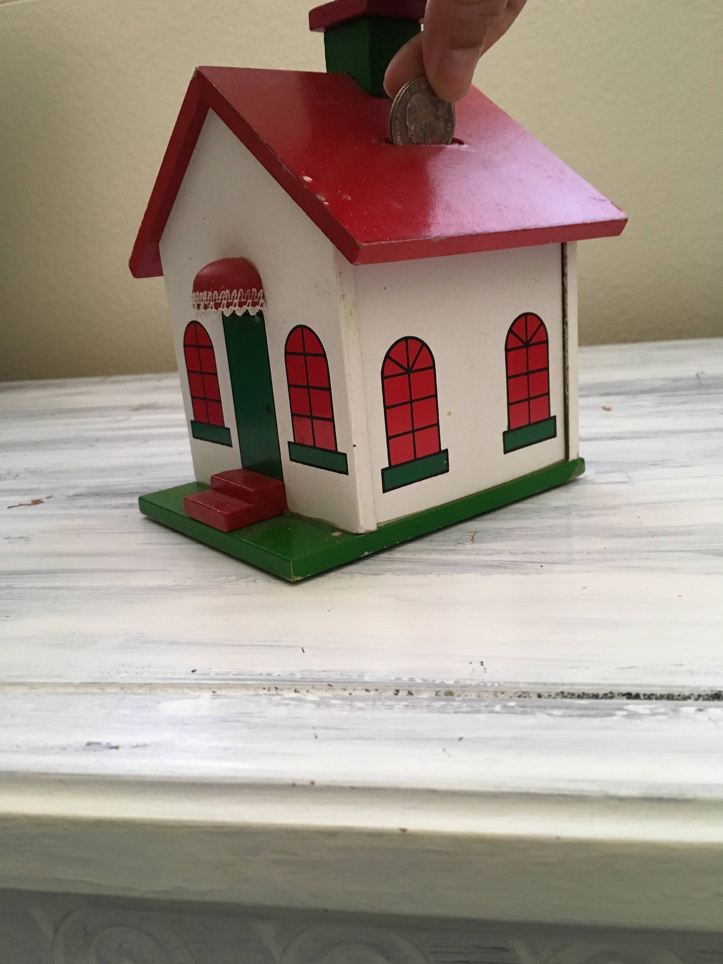 Coin bank, small little wood house circa 1970