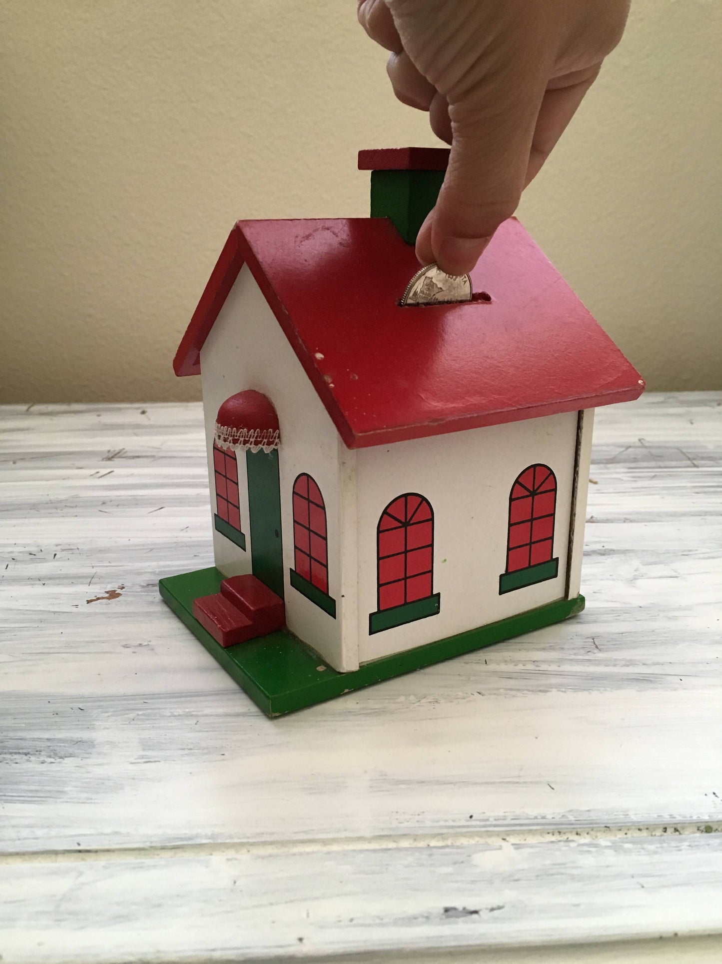 Coin bank, small little wood house circa 1970