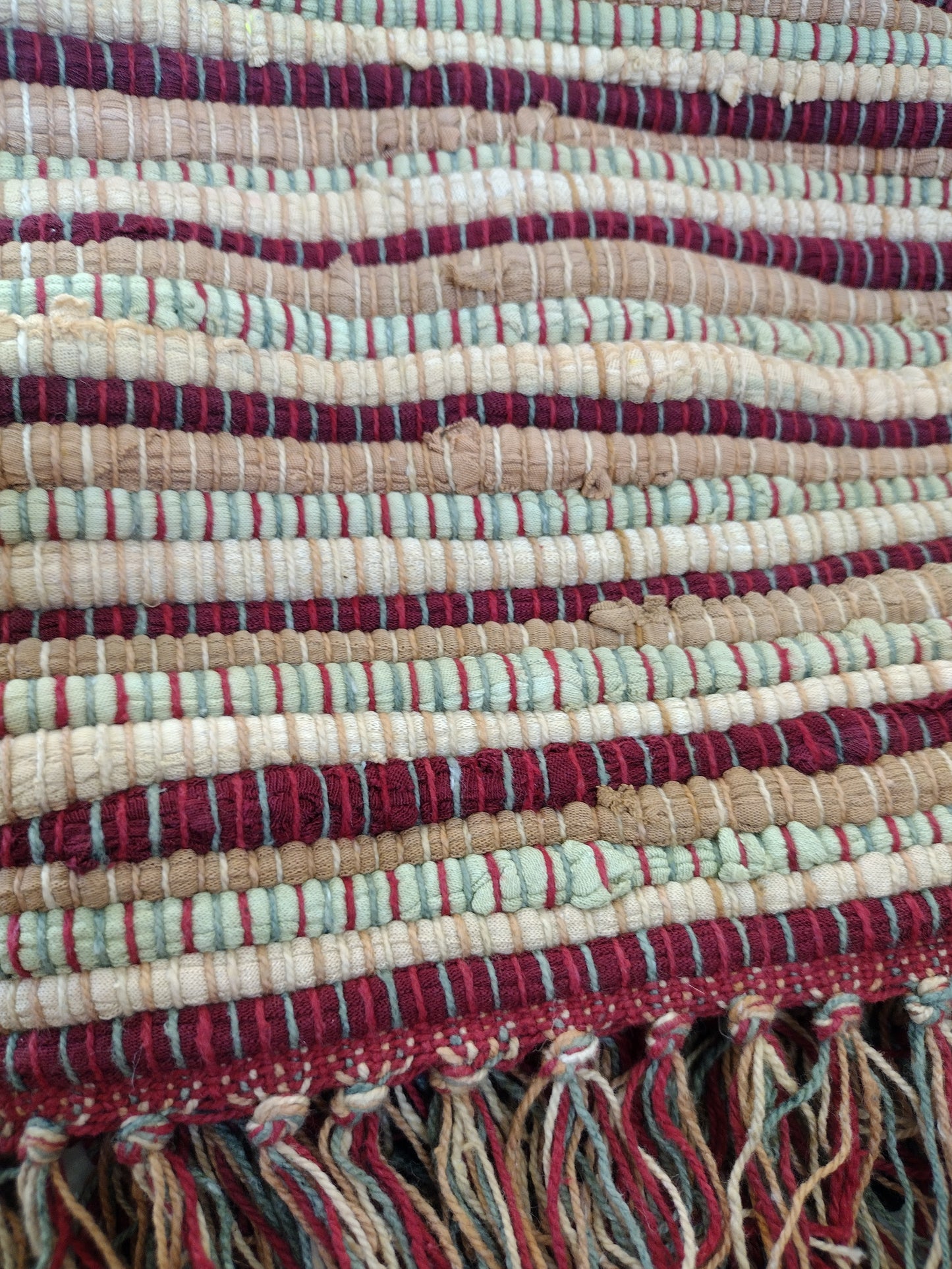 Rag rug, green cream and burgundy