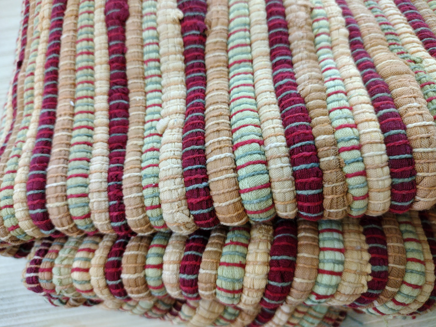 Rag rug, green cream and burgundy