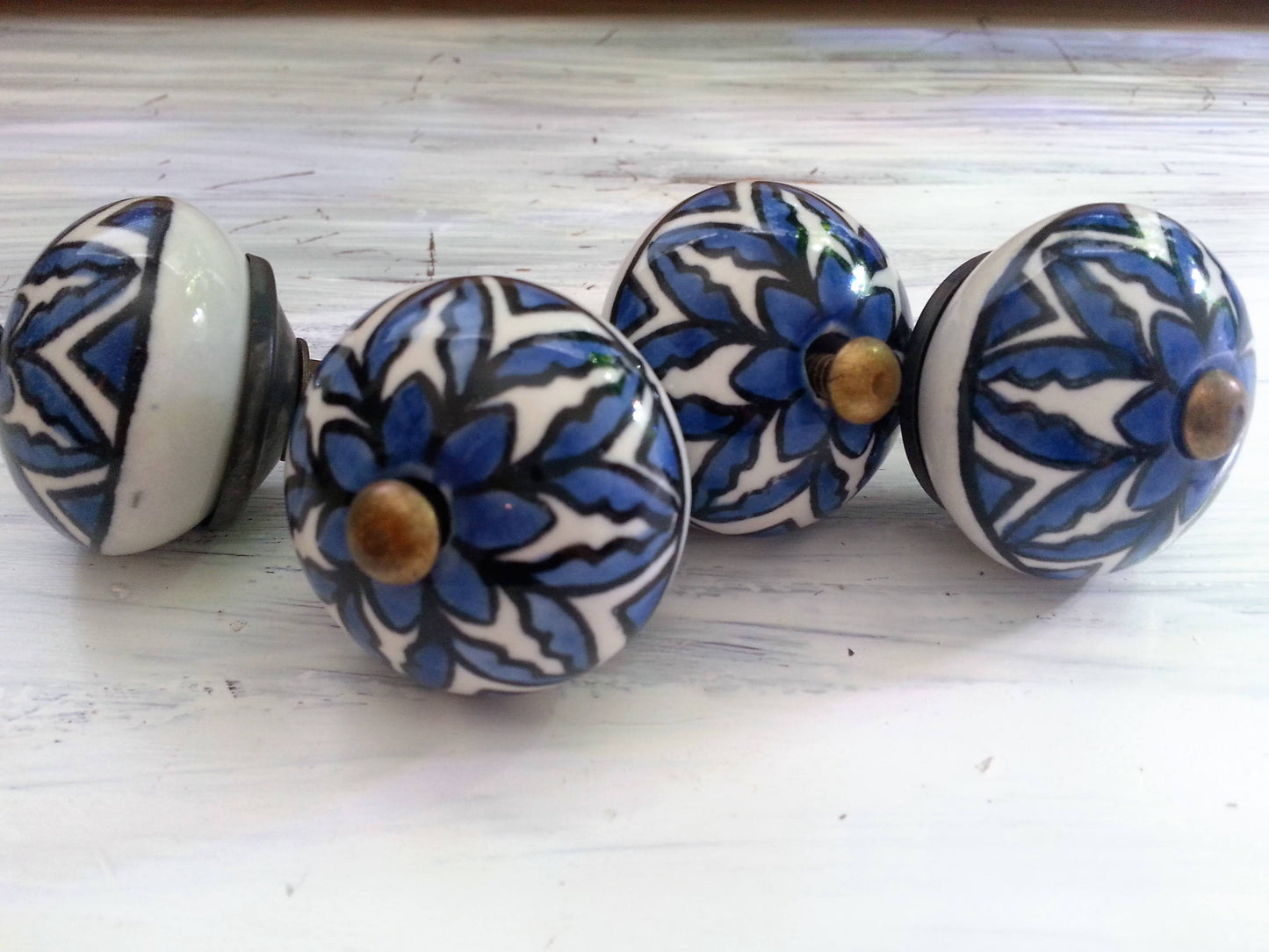 Drawer pulls, blue and white ceramic knobs