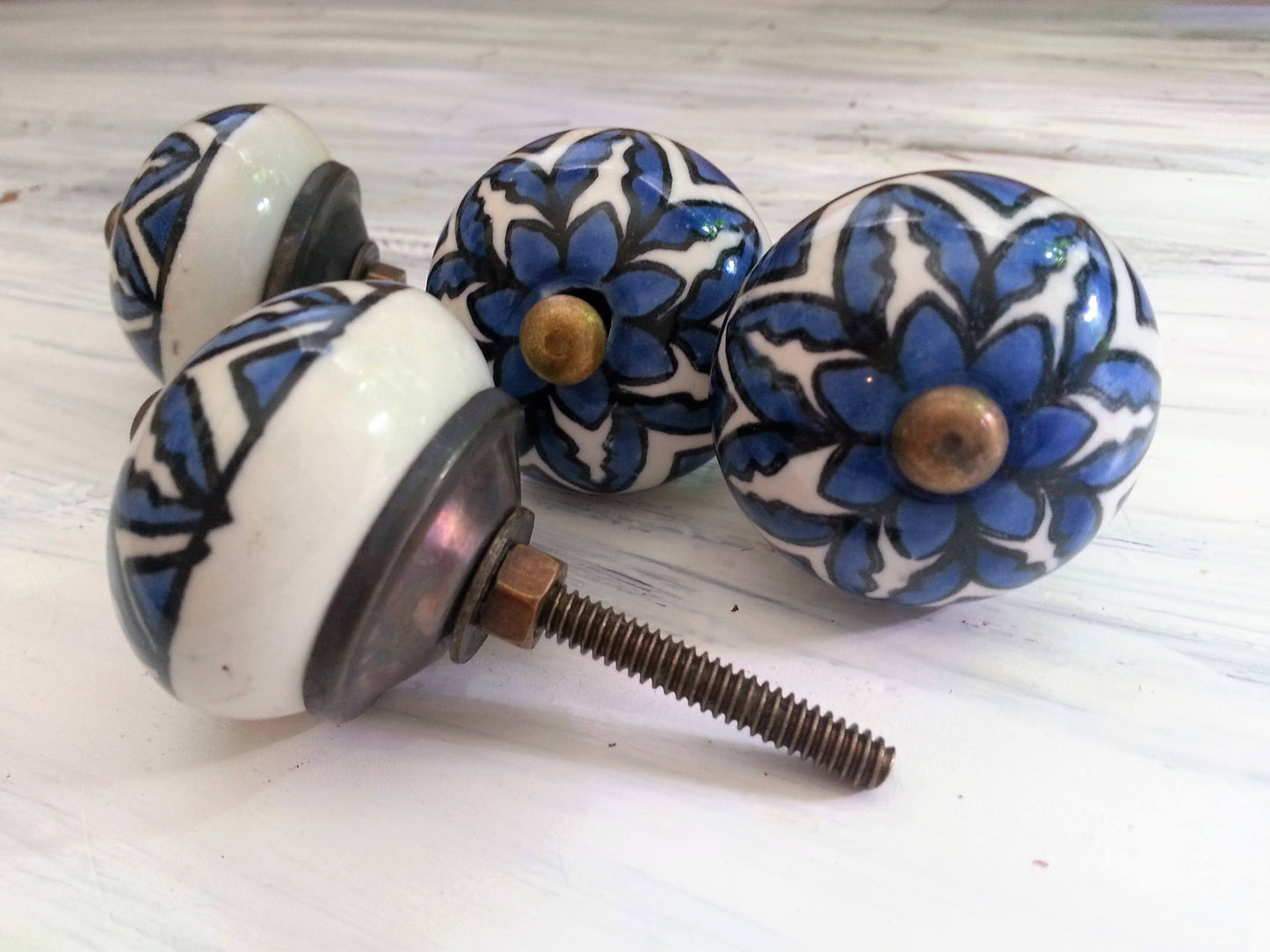 Drawer pulls, blue and white ceramic knobs