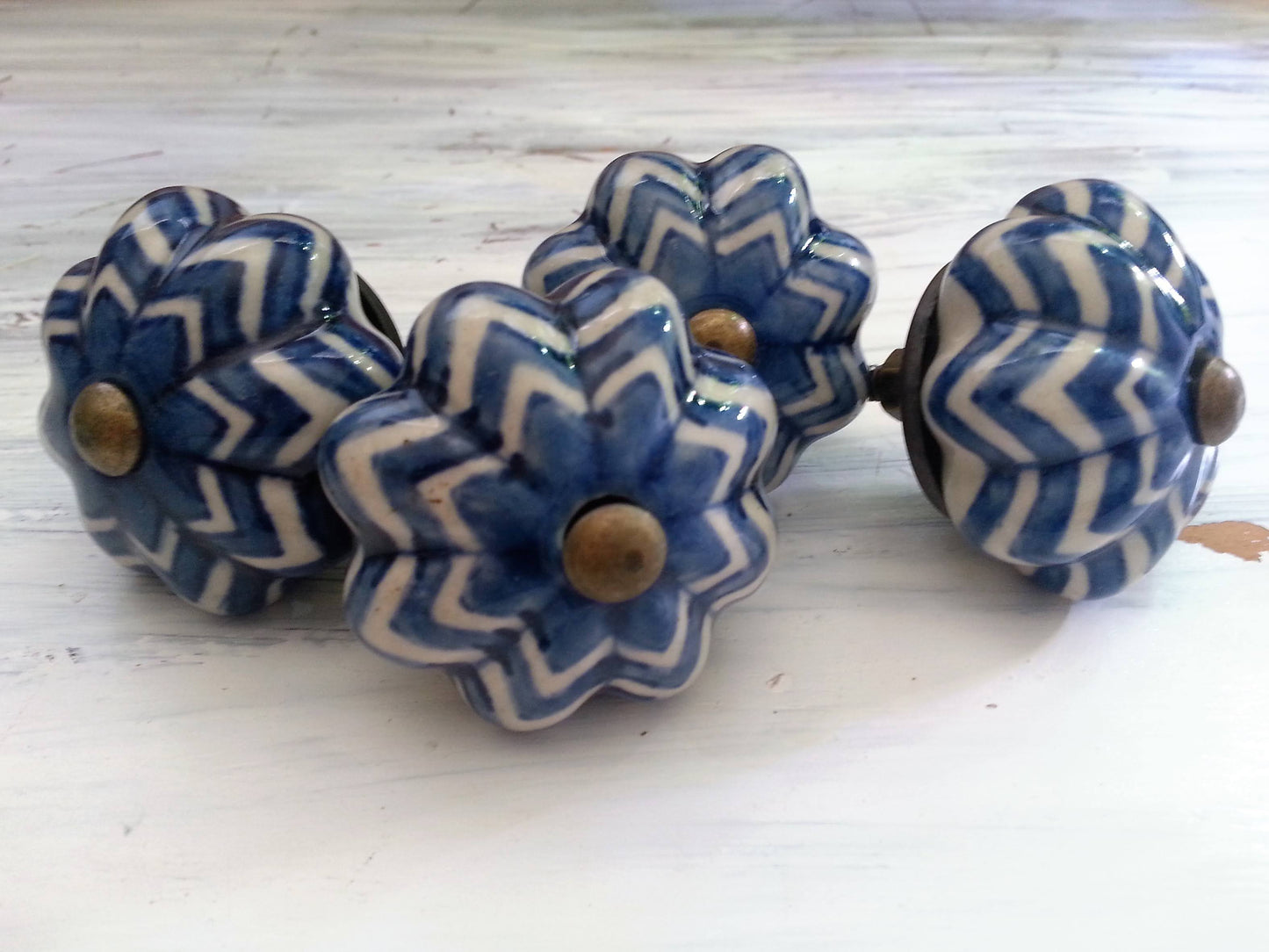 Drawer pulls, blue and white ceramic knobs