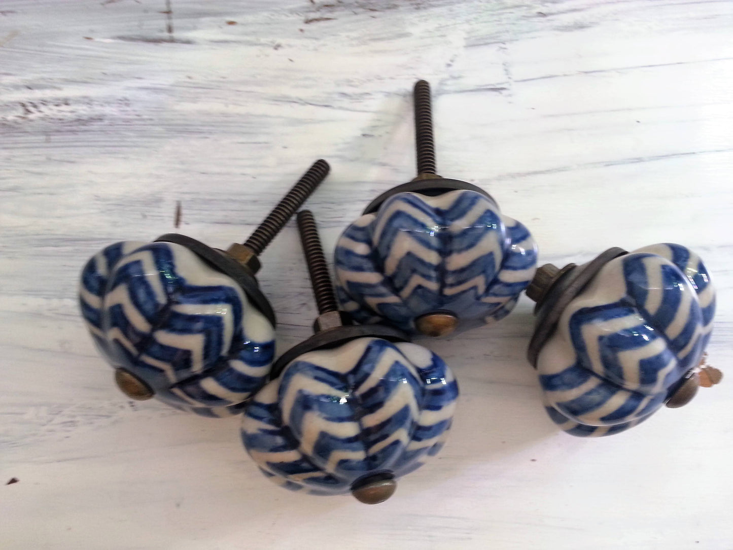 Drawer pulls, blue and white ceramic knobs