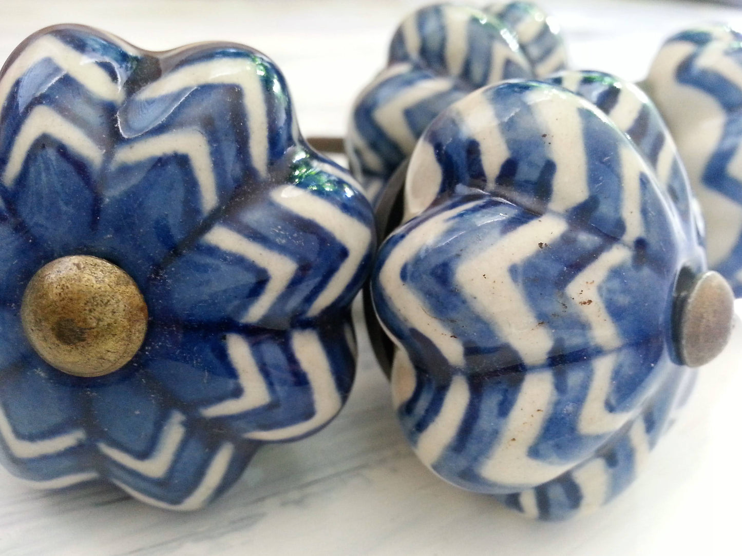 Drawer pulls, blue and white ceramic knobs