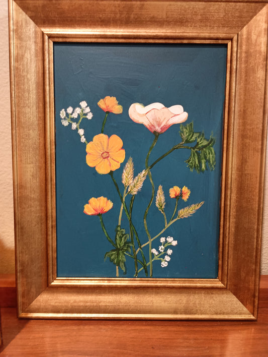 Gold framed flowers on canvas, Kirstyn Bliss