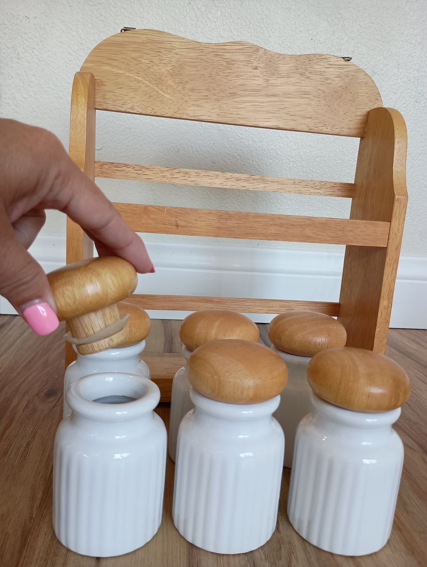 Spice rack, little white Jared with wood lids, vintage