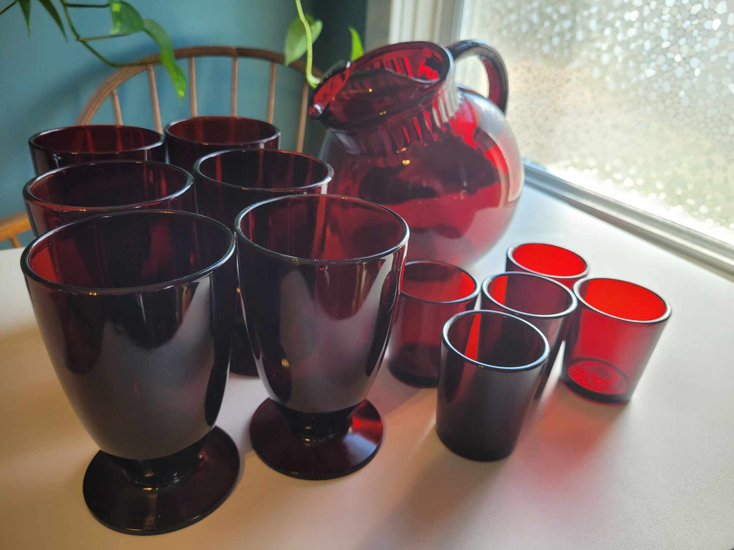 Mid century cranberry glass set