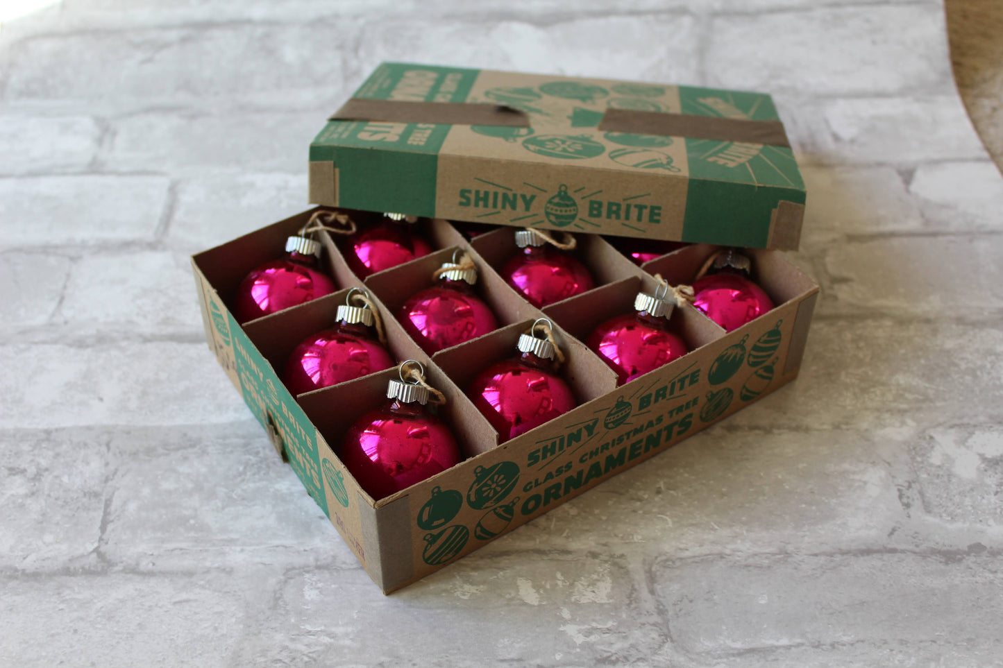 Original Shiny Brite Christmas ornaments in hot pink