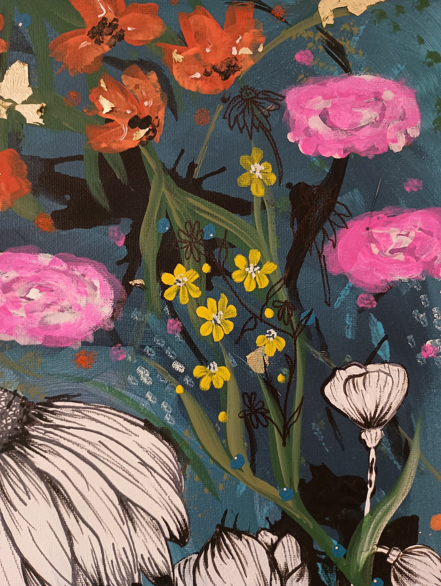 Large flowers painted canvas, Kirstyn Bliss Art original