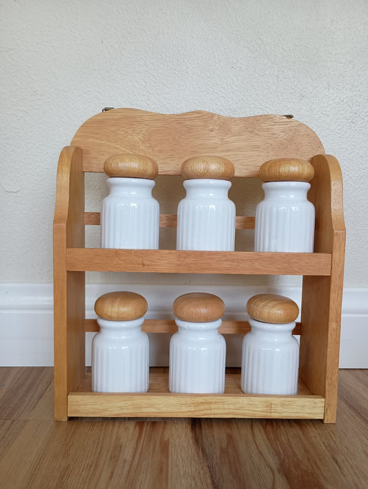 Spice rack, little white Jared with wood lids, vintage