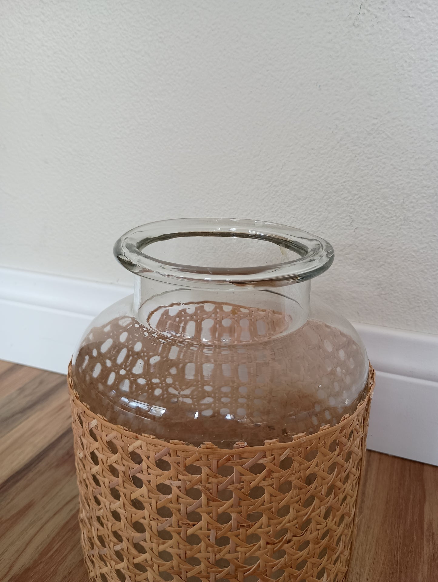 Woven wrapped large glass vase, vintage