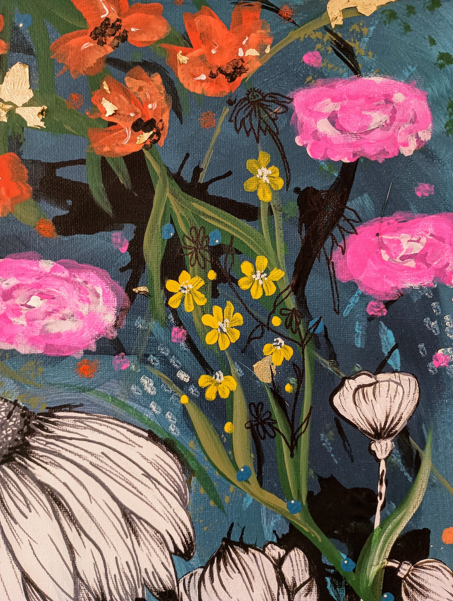 Large flowers painted canvas, Kirstyn Bliss Art original