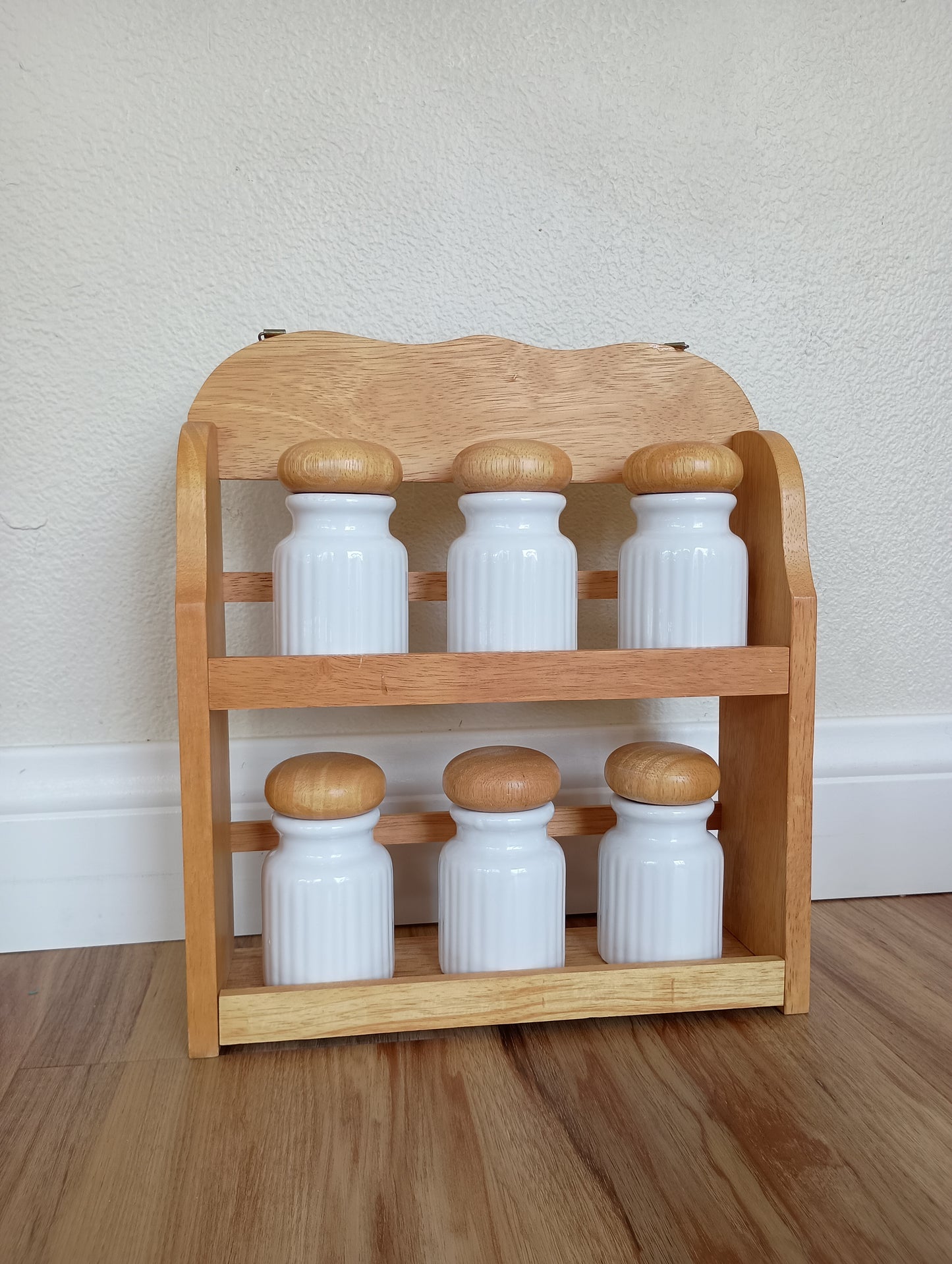 Spice rack, little white Jared with wood lids, vintage