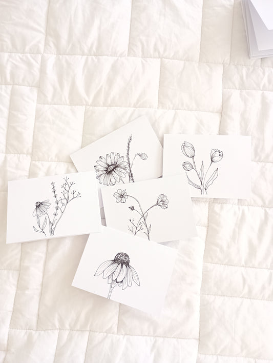 Wildflower hand drawn original art cards and envelopes, 4"x6"