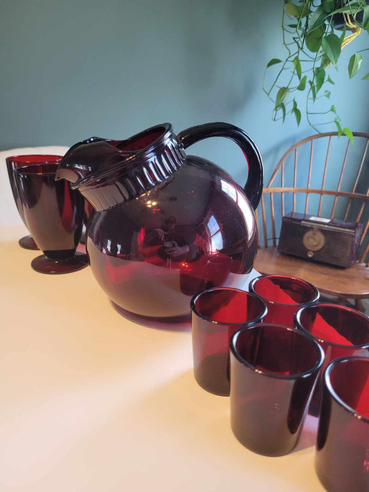 Mid century cranberry glass set