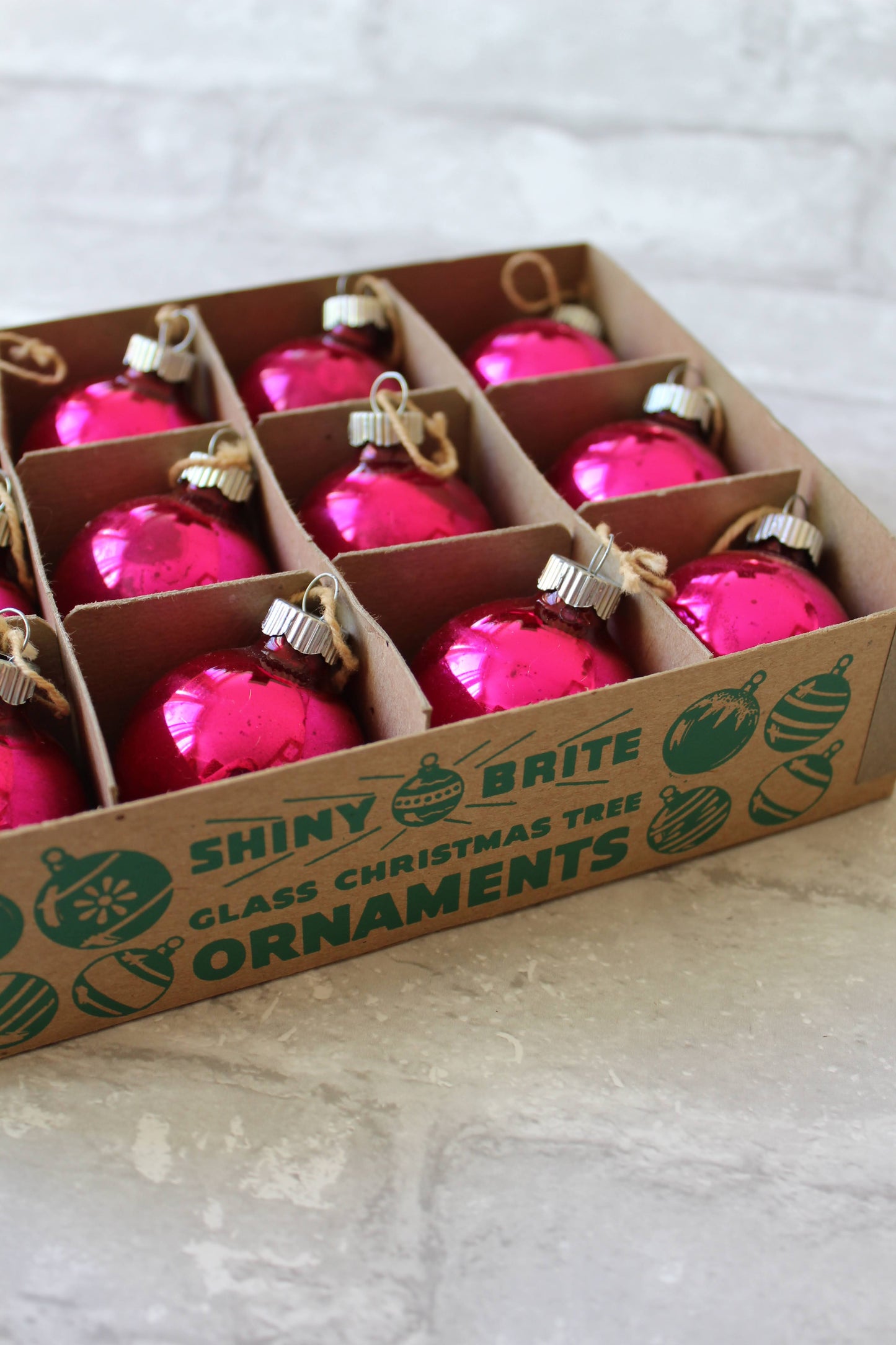 Original Shiny Brite Christmas ornaments in hot pink