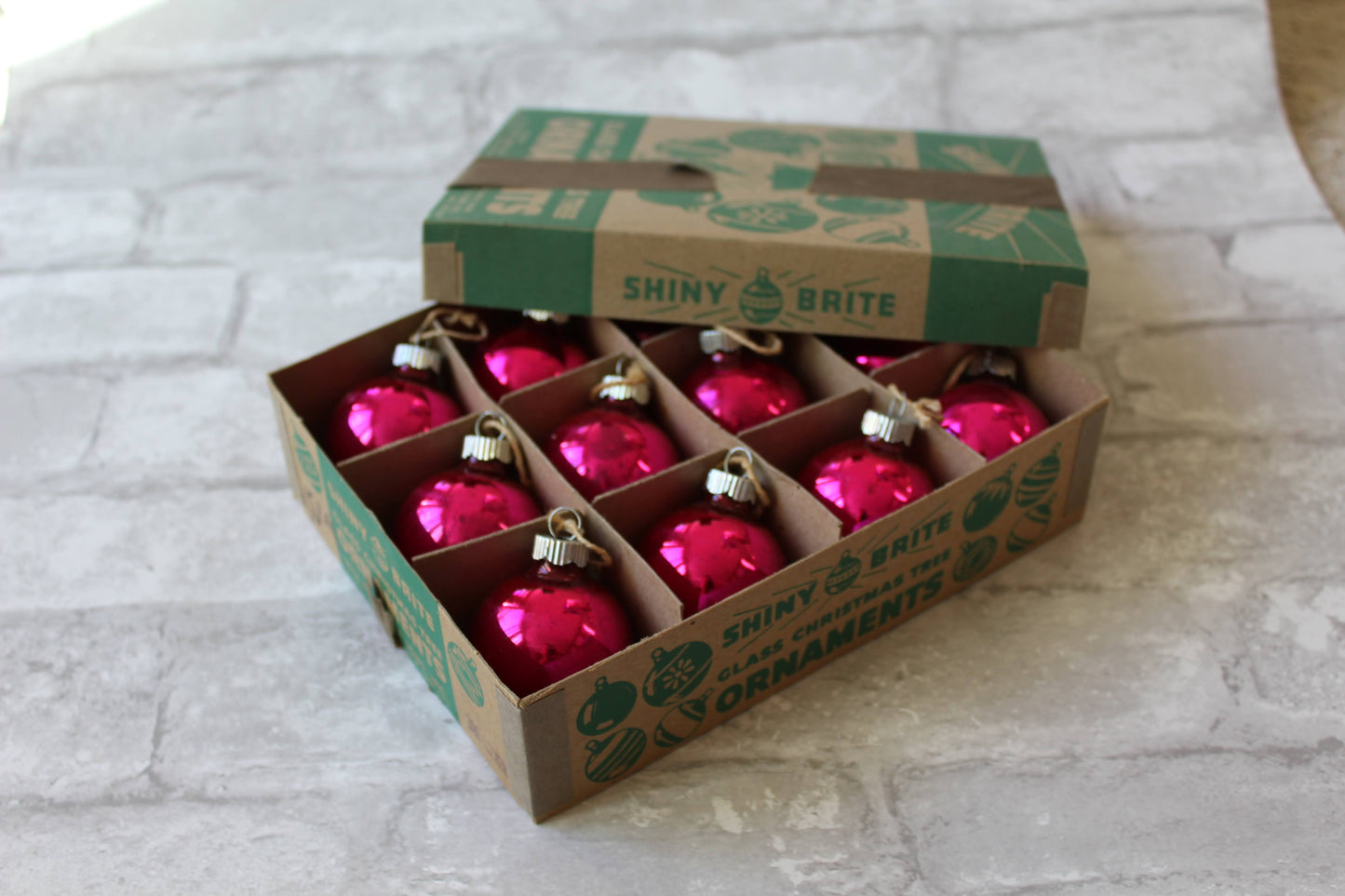 Original Shiny Brite Christmas ornaments in hot pink