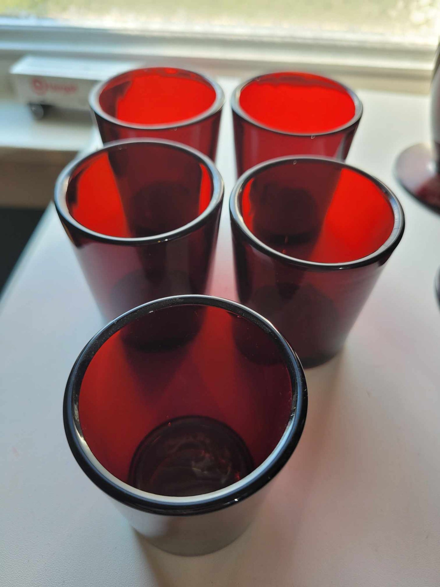 Mid century cranberry glass set