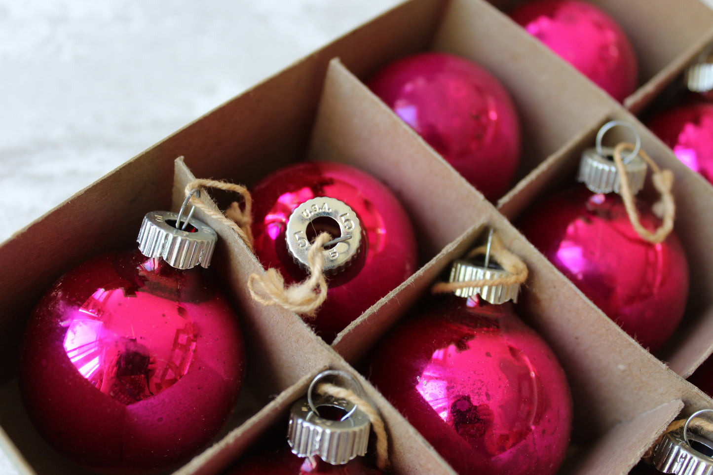 Original Shiny Brite Christmas ornaments in hot pink