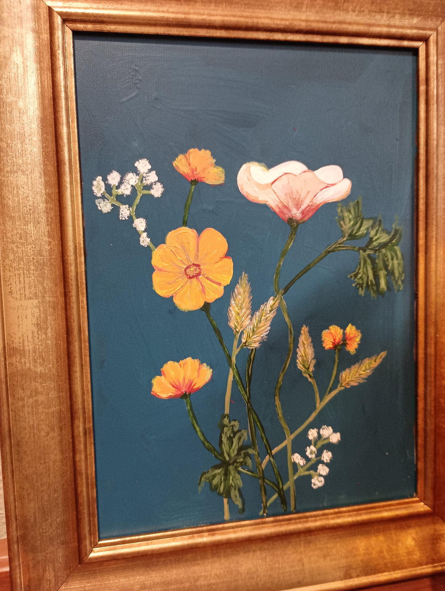 Gold framed flowers on canvas, Kirstyn Bliss