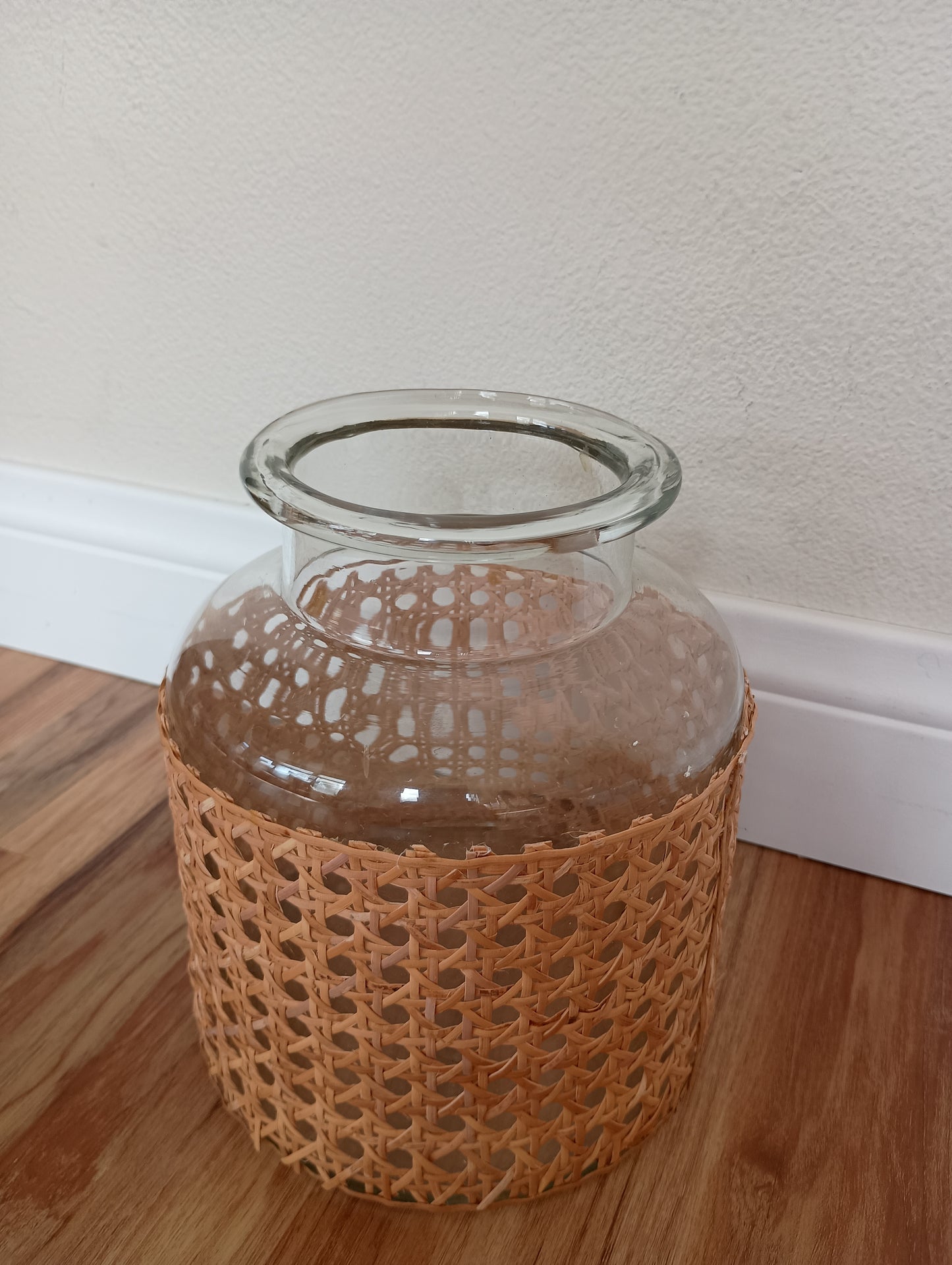 Woven wrapped large glass vase, vintage