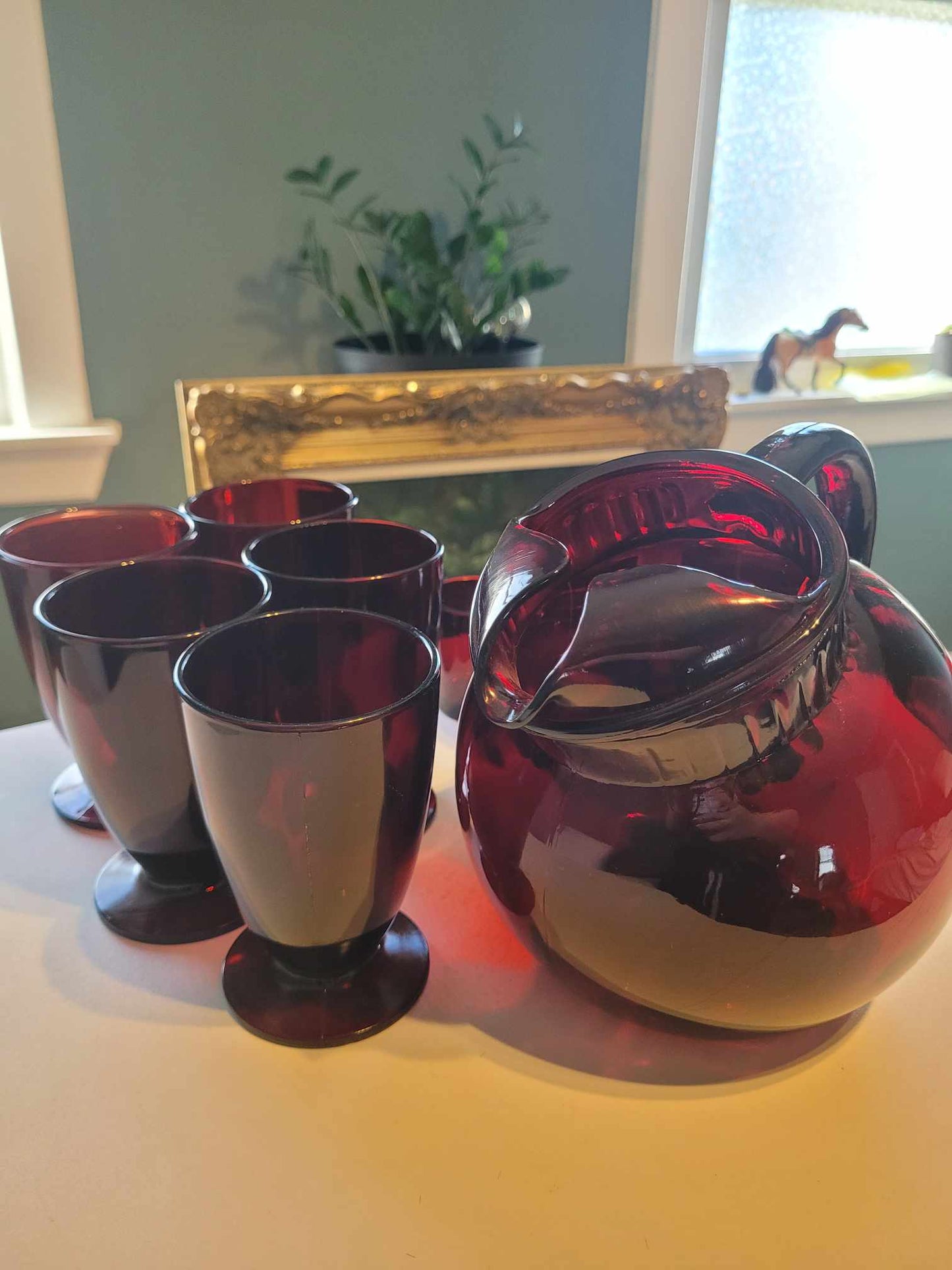 Mid century cranberry glass set