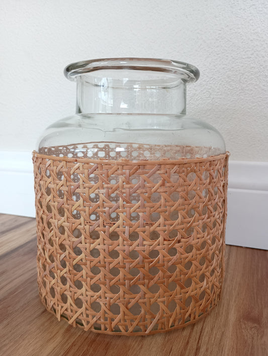 Woven wrapped large glass vase, vintage