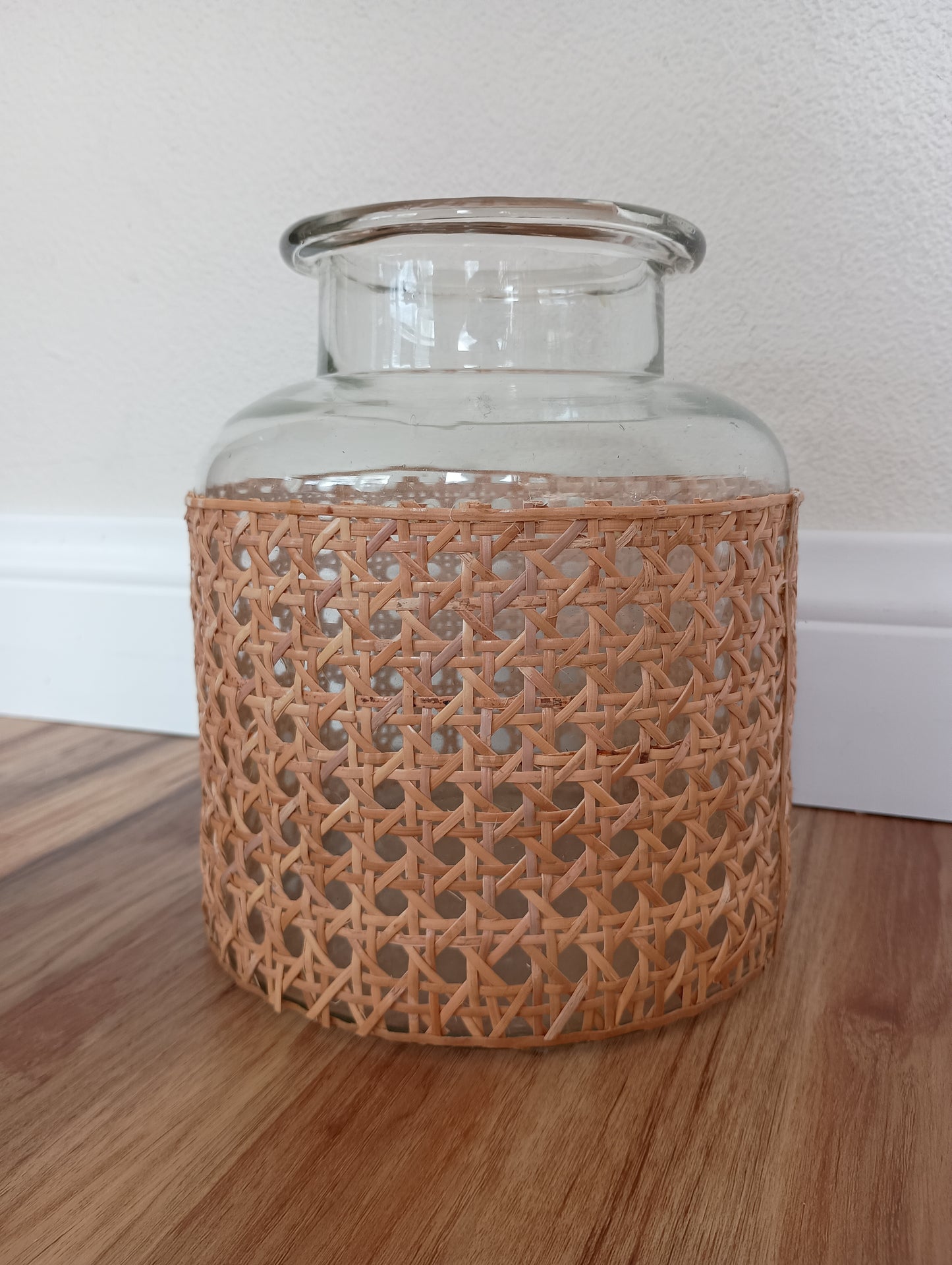 Woven wrapped large glass vase, vintage