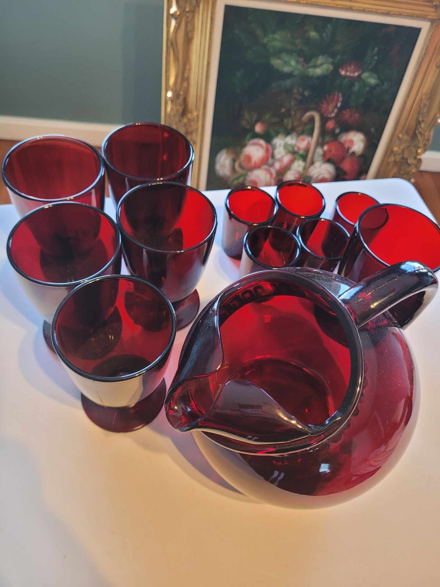 Mid century cranberry glass set