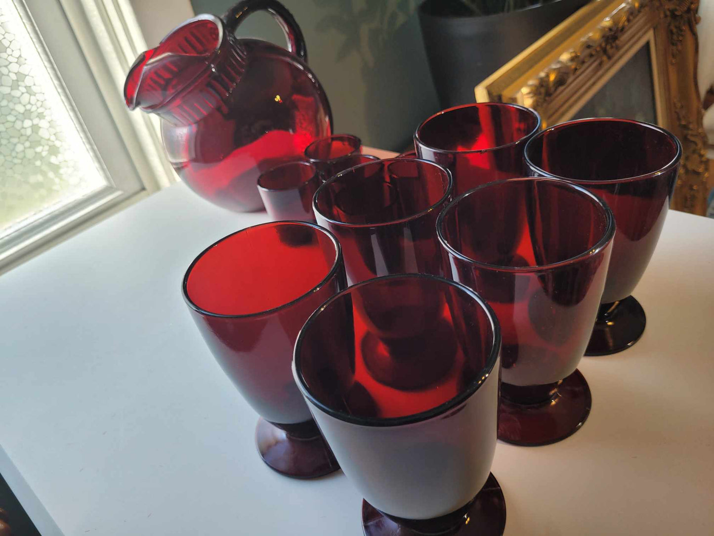 Mid century cranberry glass set