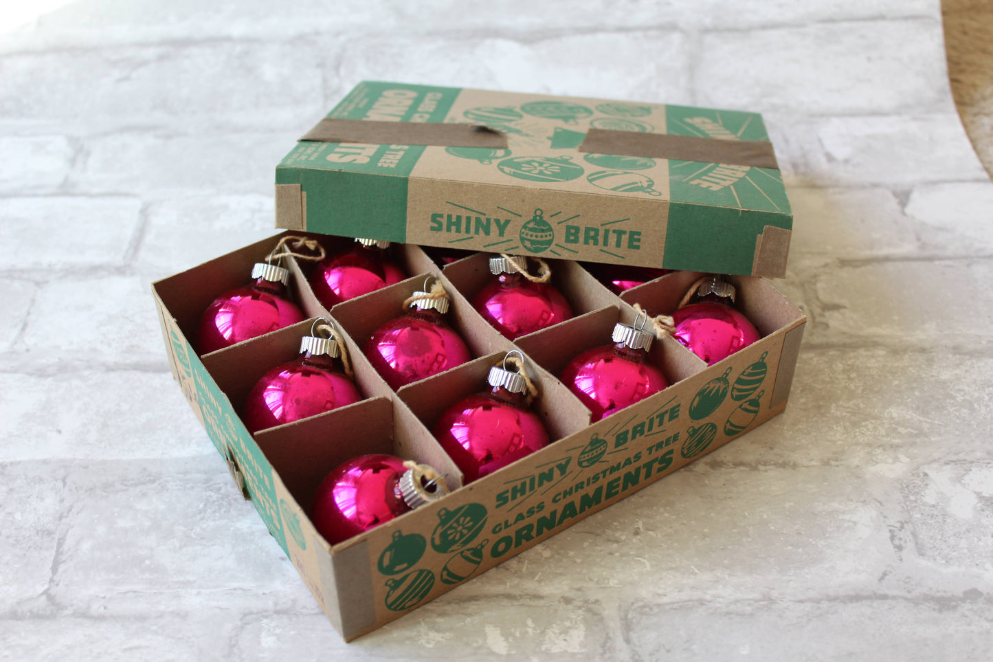 Original Shiny Brite Christmas ornaments in hot pink